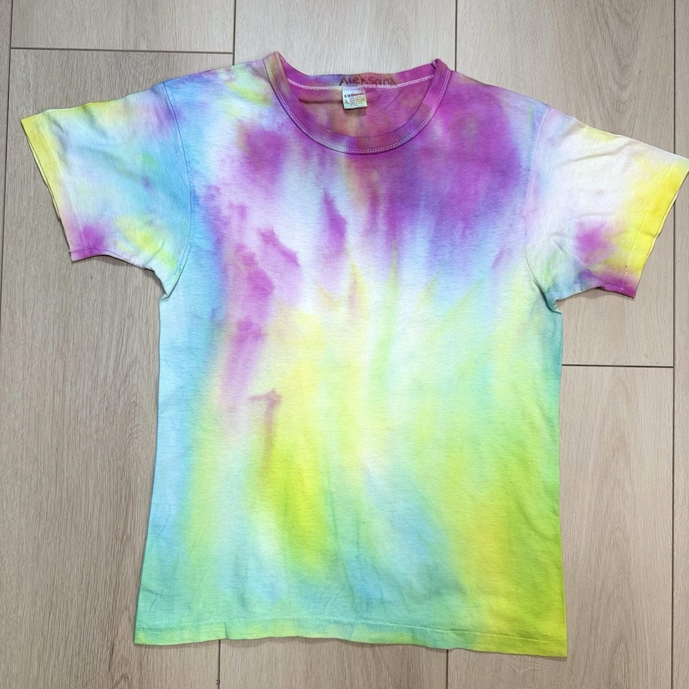 VTG Hanes Youth L Tie Dye T Shirt Rainbow Neon USA Handmade Retro Kids Tee Youth